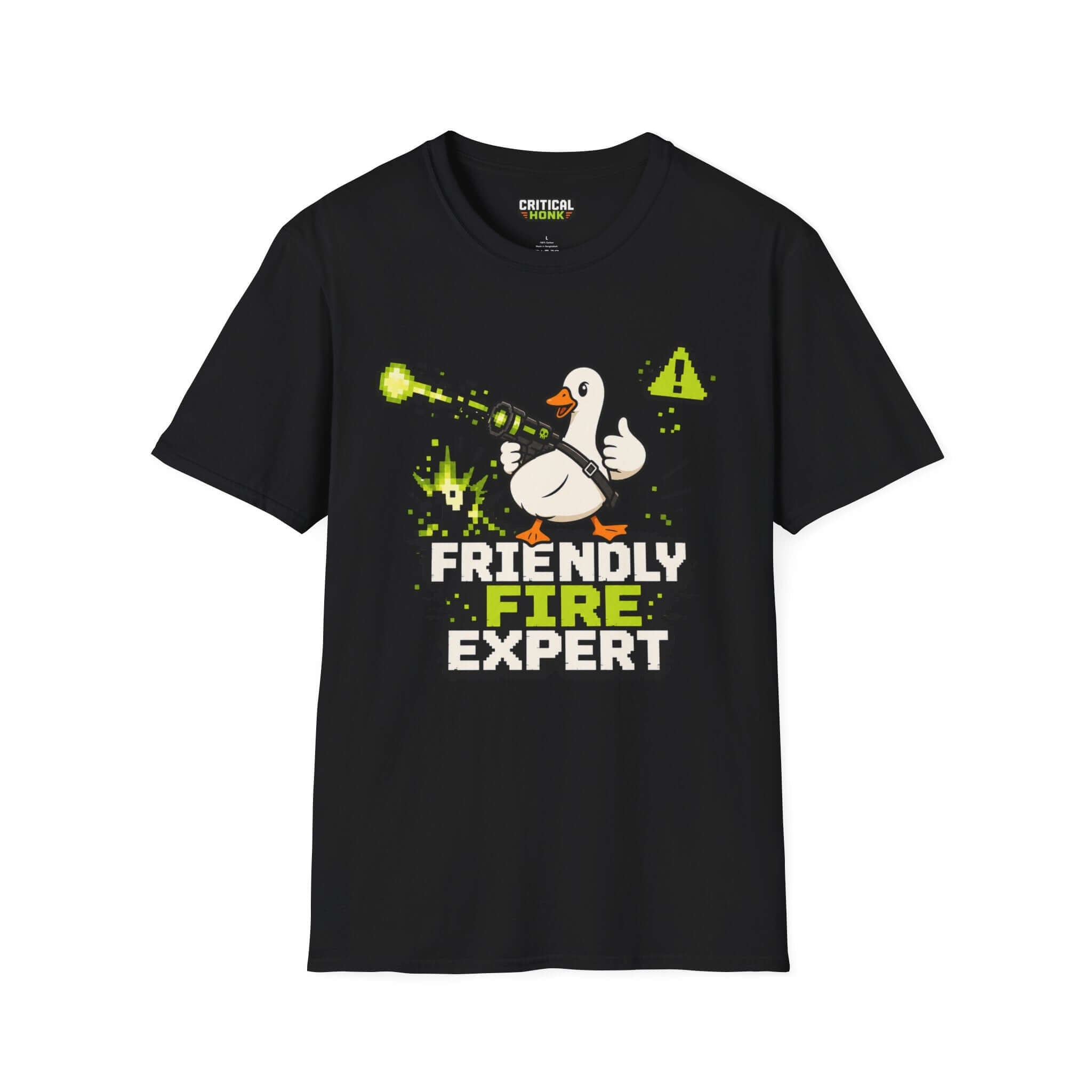 Friendly-fire-expert T-Shirt in black featuring a cartoon duck with a laser, part of the Critical Honk Collection.