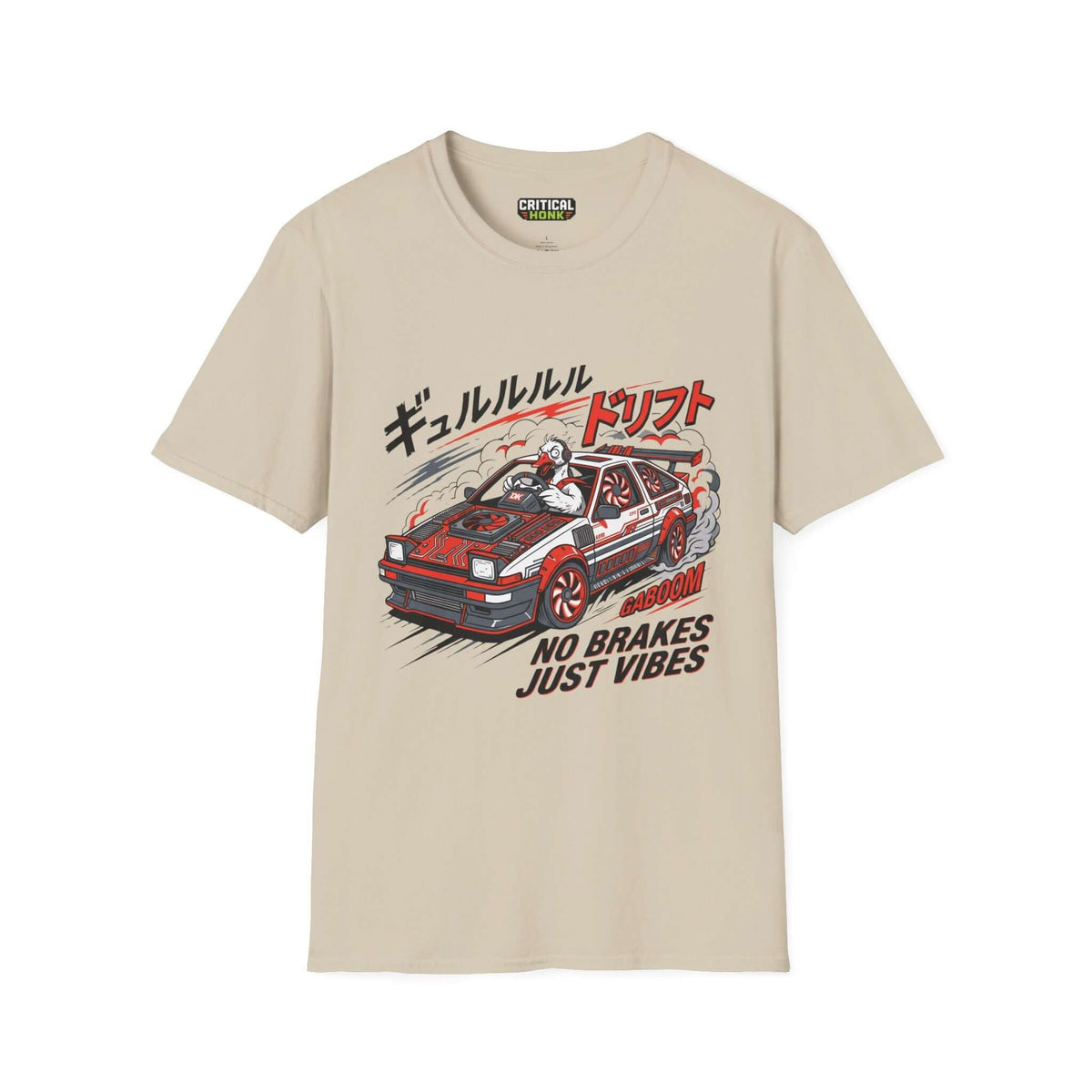 No brakes T-Shirt in sand color featuring a car illustration and 'No Brakes Just Vibes' text, from Critical Honk Collection.