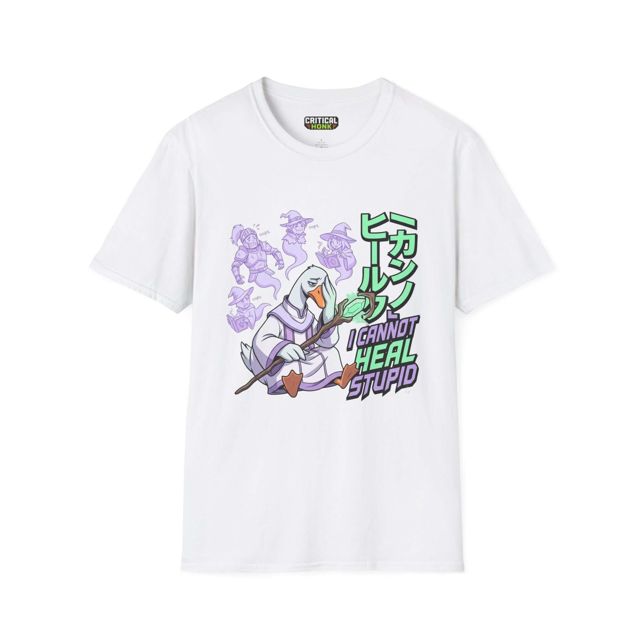 I cannot heal stupid T-Shirt featuring a whimsical design on a white Gildan Softstyle fabric.