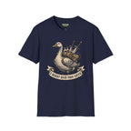I might need this later T-Shirt in navy featuring a goose carrying items, part of the Critical Honk Collection.