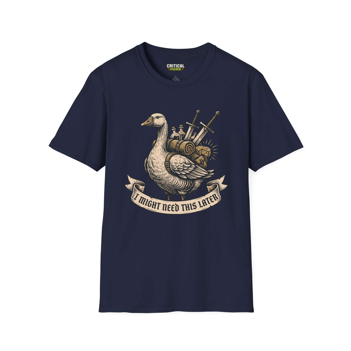 I might need this later T-Shirt in navy featuring a goose carrying items, part of the Critical Honk Collection.