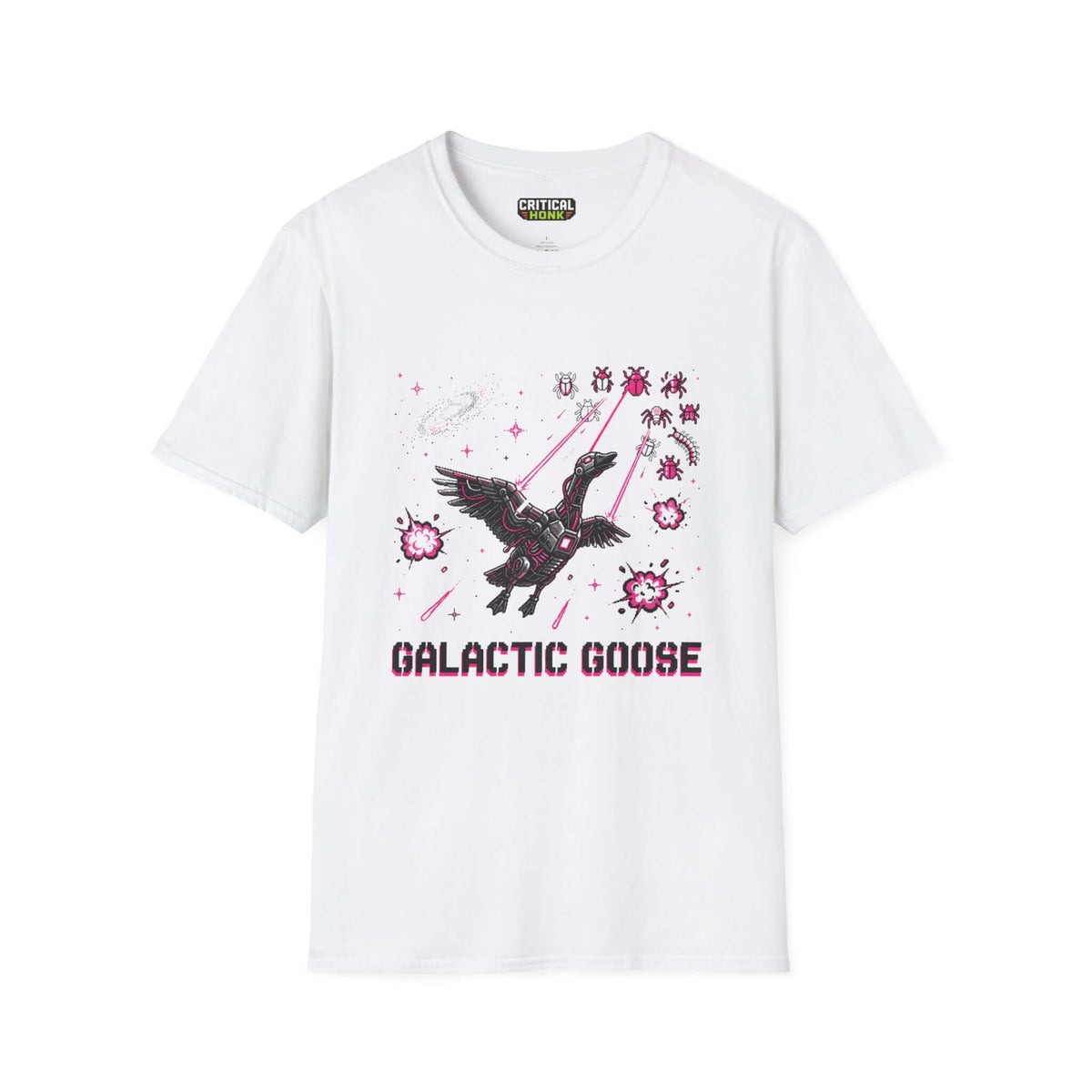 Galactic-goose T-Shirt featuring a graphic design of a galactic goose on a white background, part of the Critical Honk Collection.