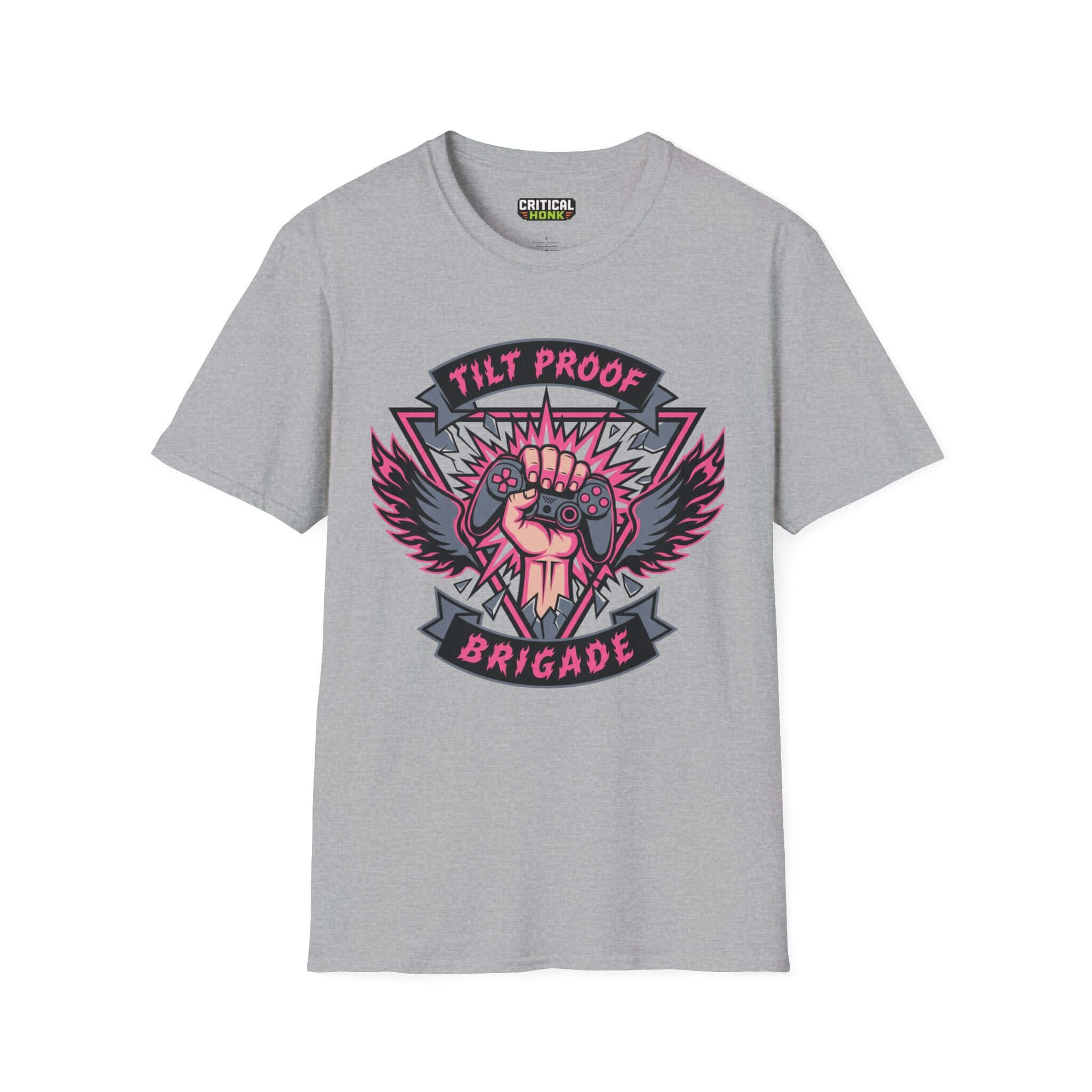 Proof brigade T-Shirt in sport grey featuring vibrant graphic design, part of the Critical Honk Collection.