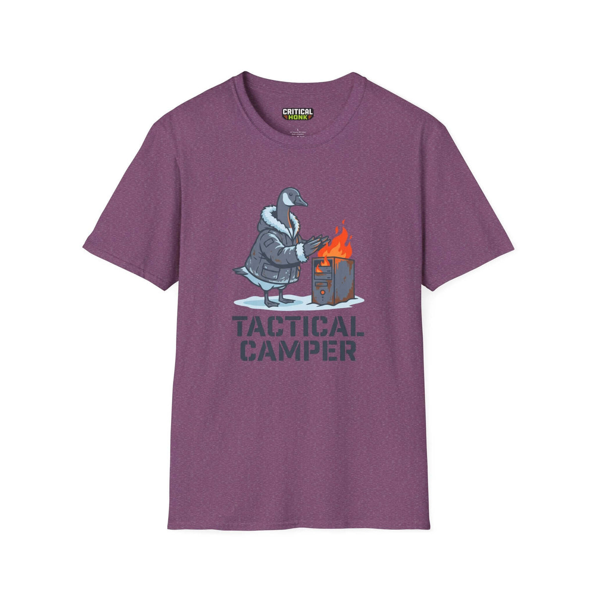 Gildan Softstyle Tactical camper T-Shirt in Heather Maroon featuring a humorous goose graphic for outdoor enthusiasts.