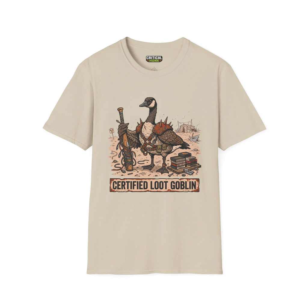 Certified loot T-Shirt featuring a goose with armor and a staff on sand colored fabric.