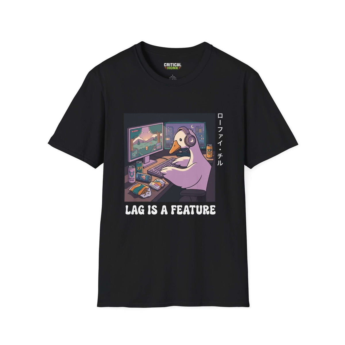Lag is a feature T-Shirt in black, featuring a cartoon goose gaming, from the Critical Honk Collection.