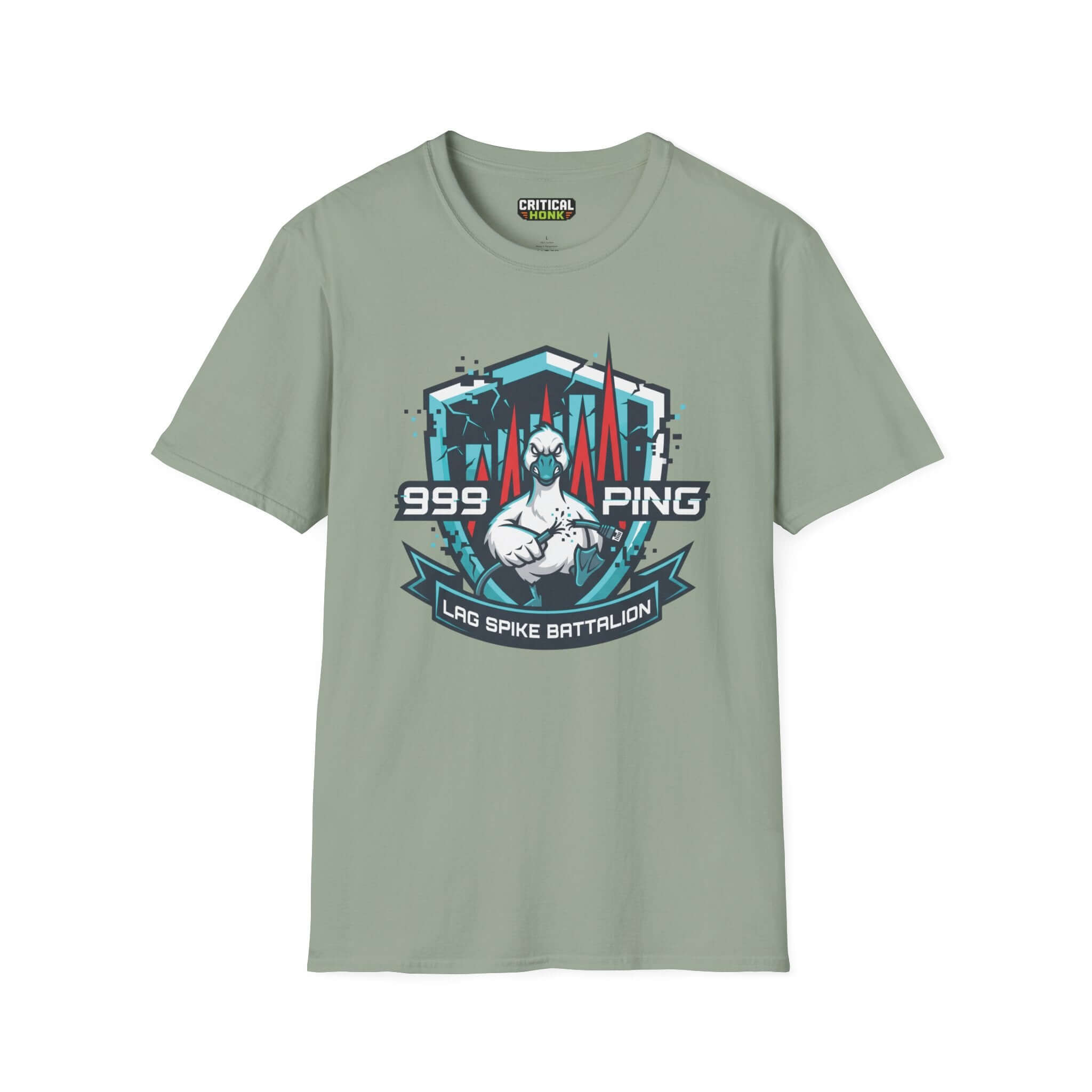 Lag spike T-Shirt in sage color featuring the Lag Spike Battalion design by Critical Honk.