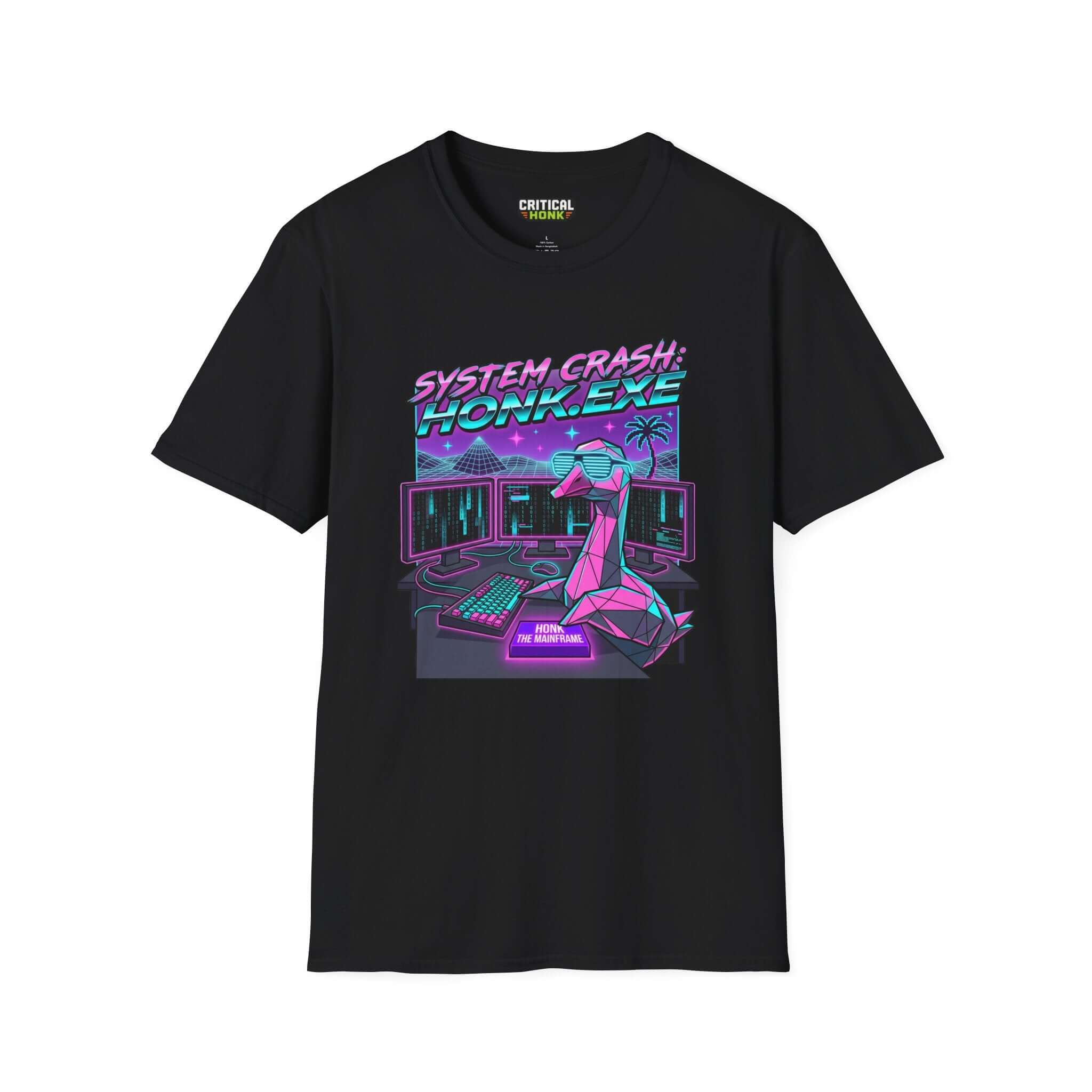 System crash honk exe T-Shirt in black featuring vibrant gaming graphics and a unisex fit, perfect for chaos inspired apparel.