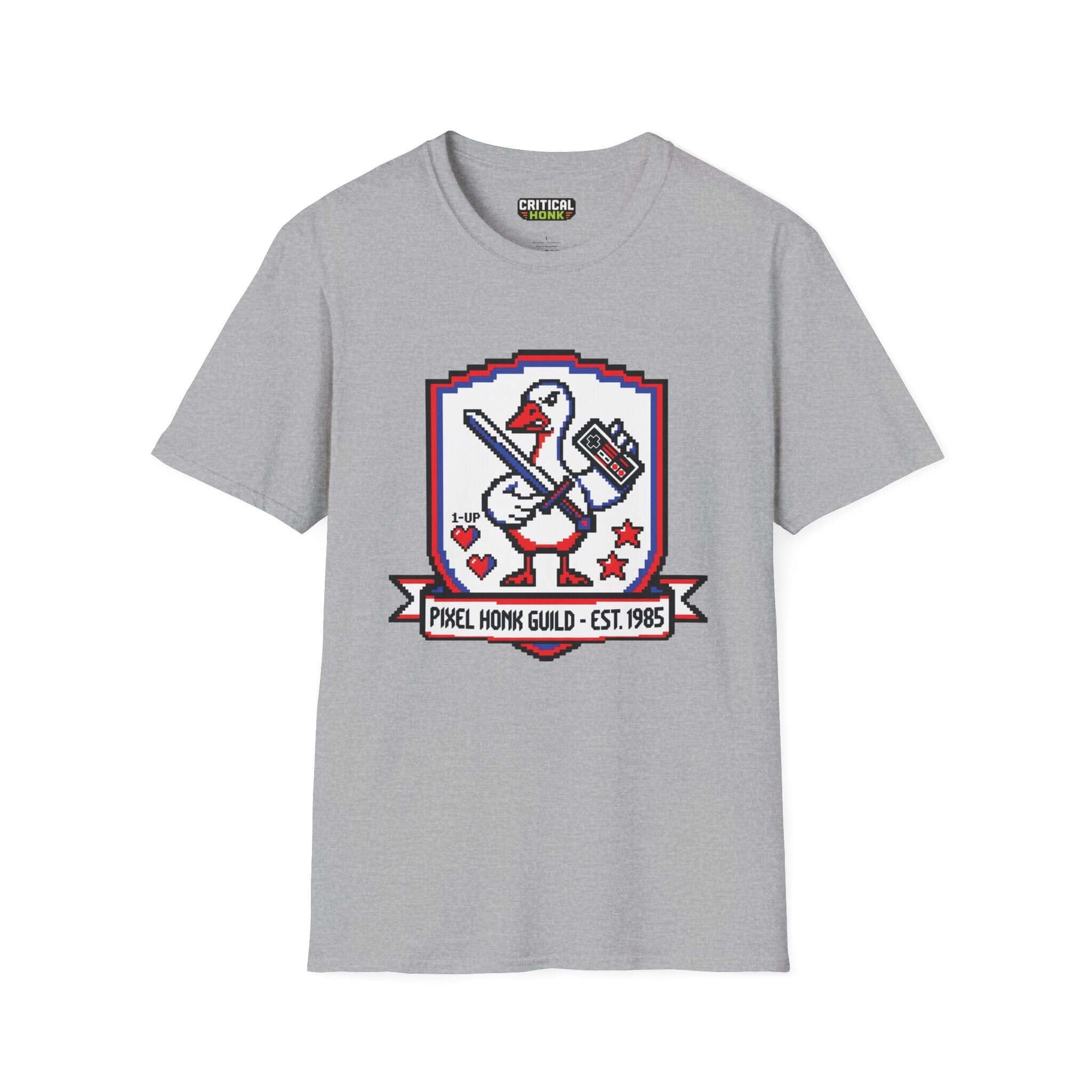 Pixel guild T-Shirt in sport grey featuring a pixelated duck design and Critical Honk branding, 100% ring-spun cotton.