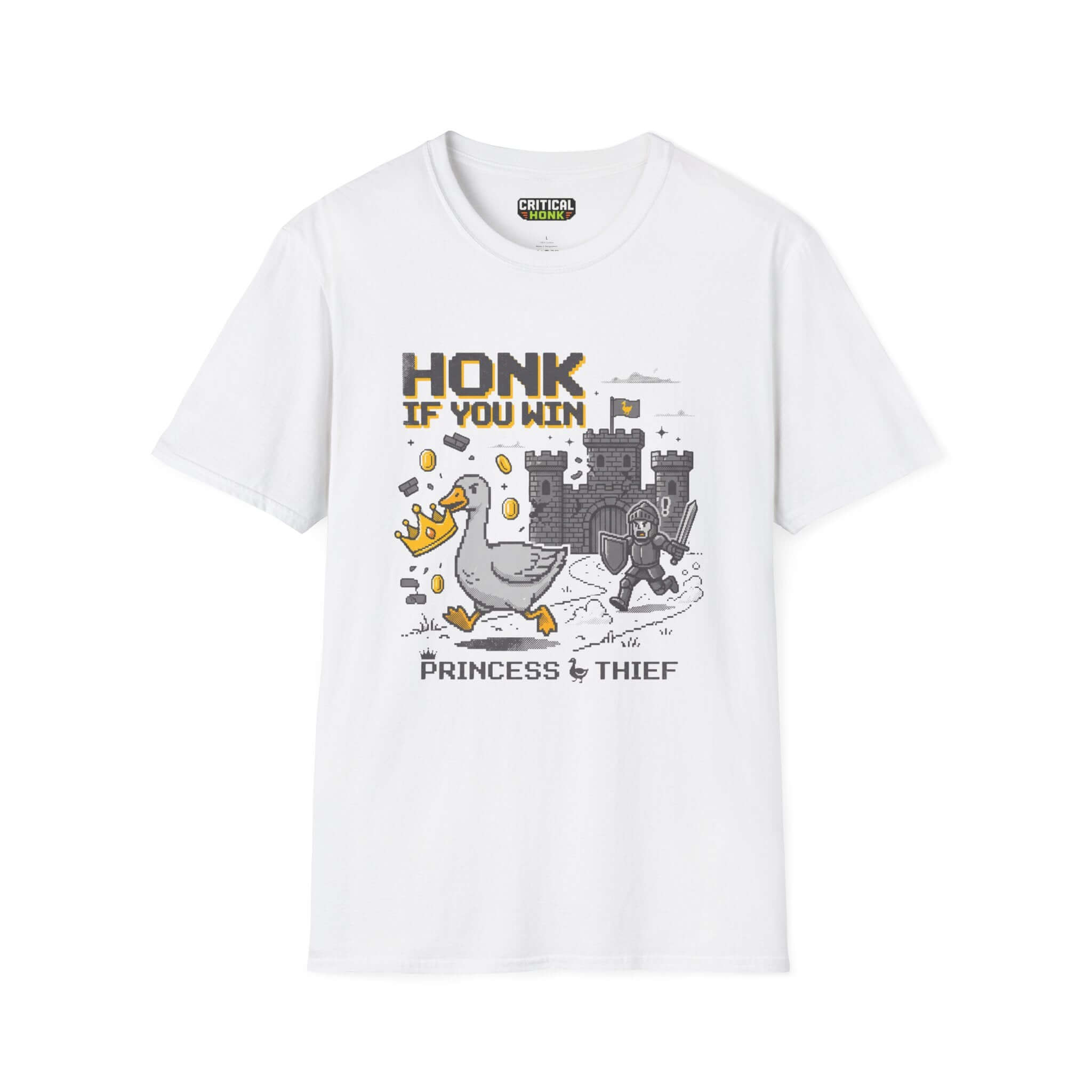 Honk-if-you-win T-Shirt featuring a fun goose graphic on a white Gildan Softstyle tee, styled for gamers.