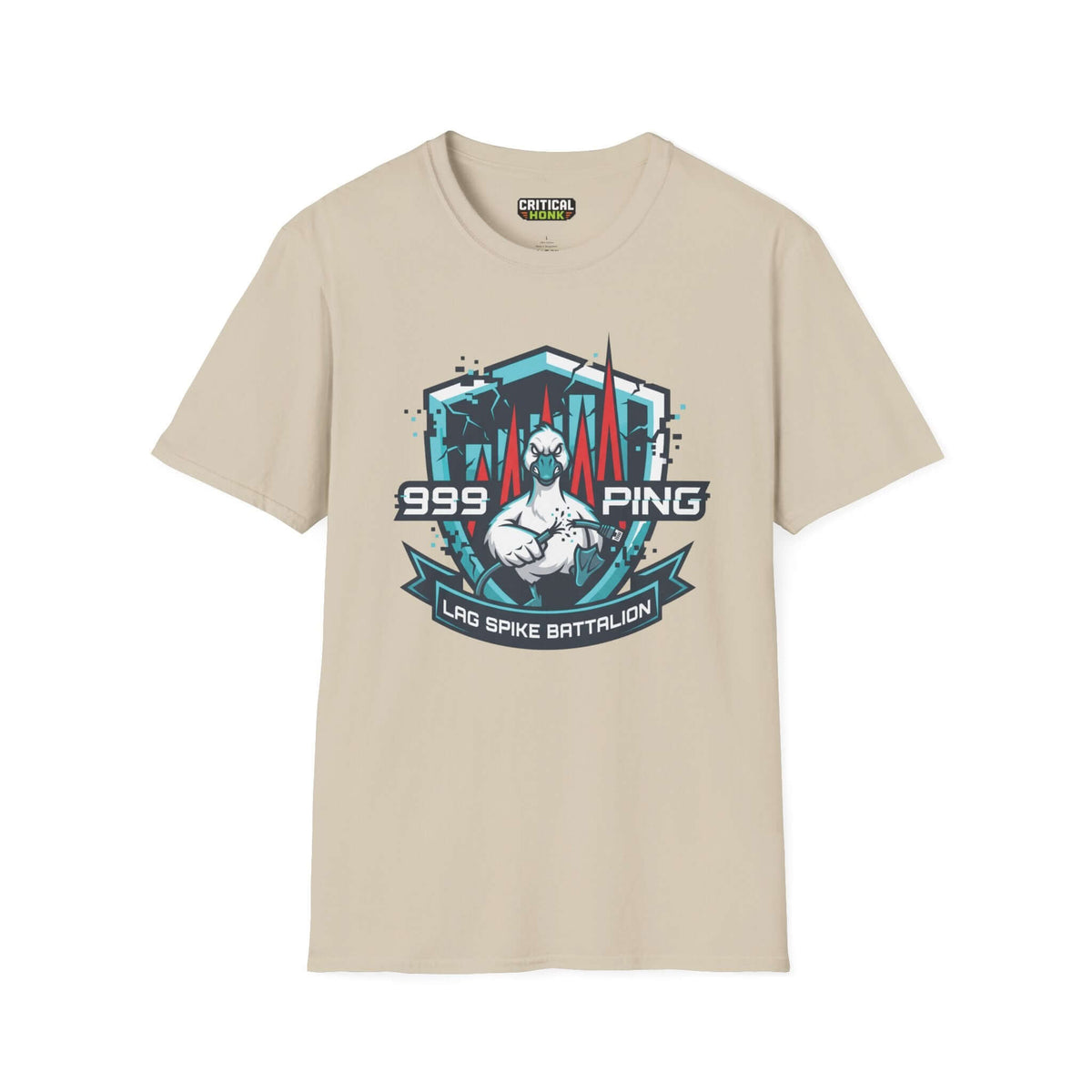 Lag spike T-Shirt in sand color featuring a gaming design from the Critical Honk Chaos Inspired Apparel collection.