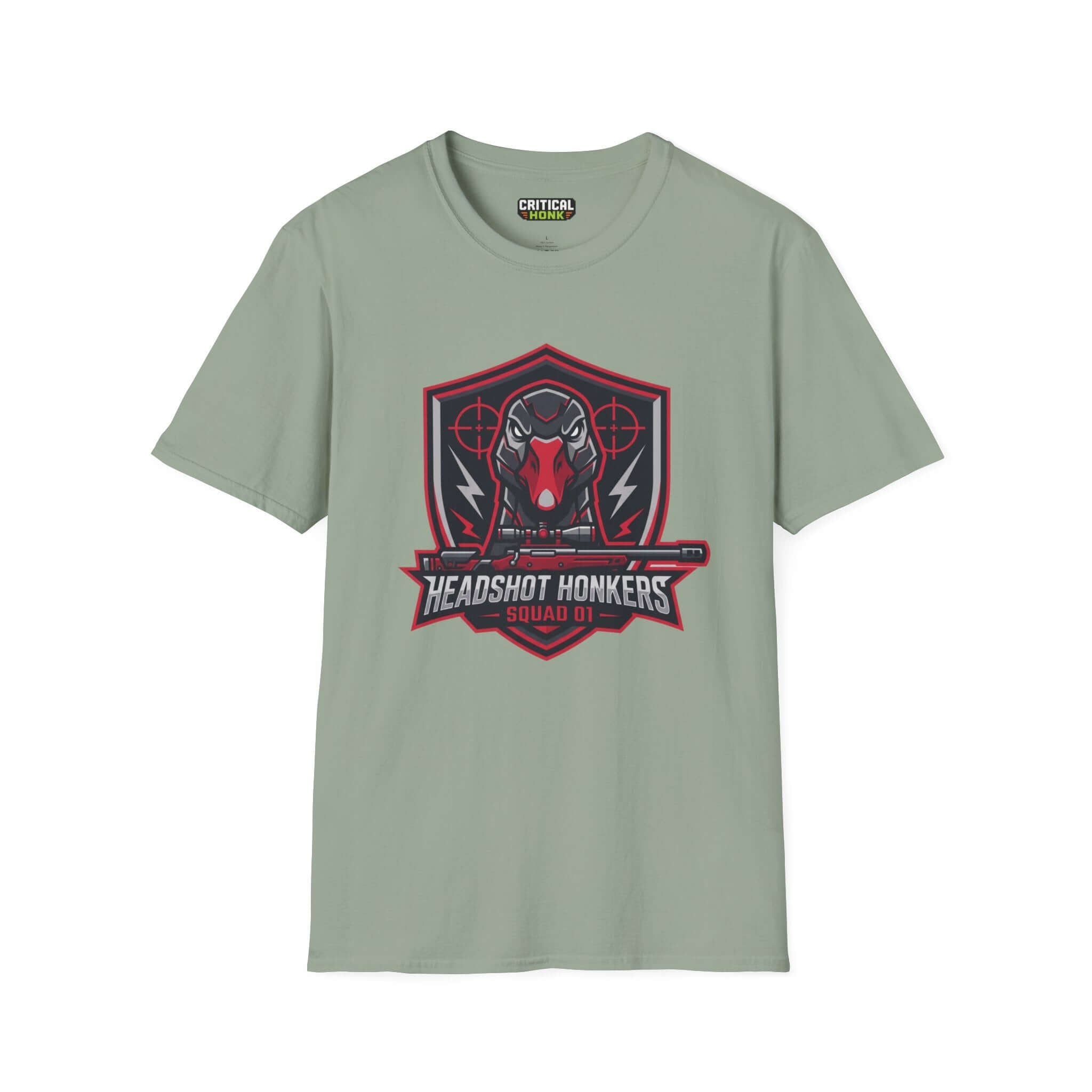 Headshot honkers T-Shirt in sage color featuring critical honk design and unisex fit for casual wear.