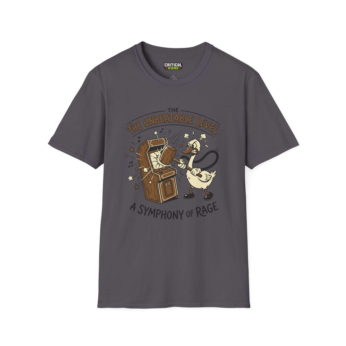 The unbeatable level T-Shirt in charcoal featuring a design of a duck gaming, part of the Critical Honk Collection.