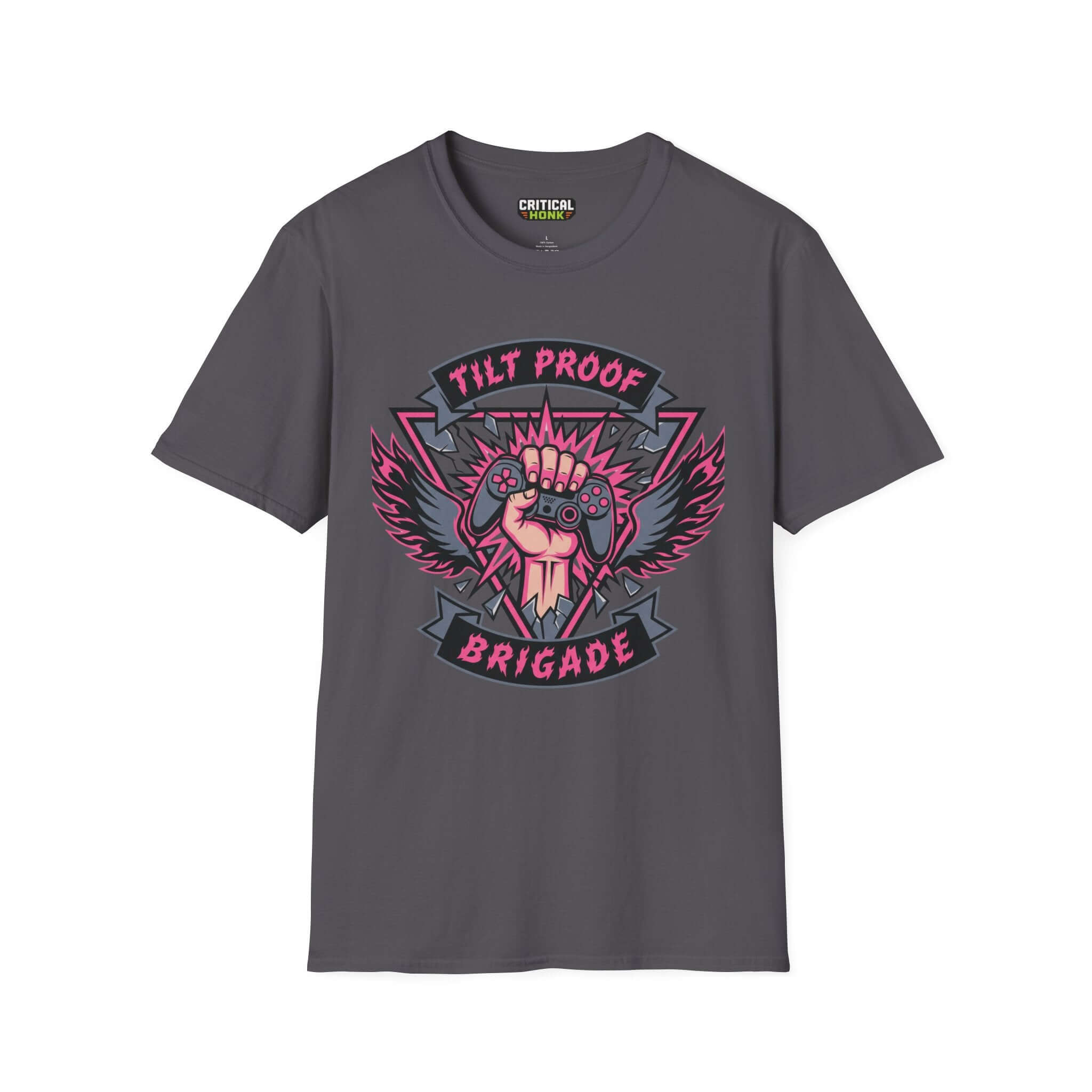 Proof brigade T-Shirt in charcoal featuring a gaming-themed graphic design with a pink color scheme.