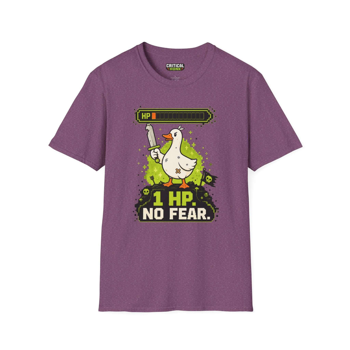 One hp T-Shirt in Heather Maroon featuring a duck character with a sword, from the Critical Honk Collection.