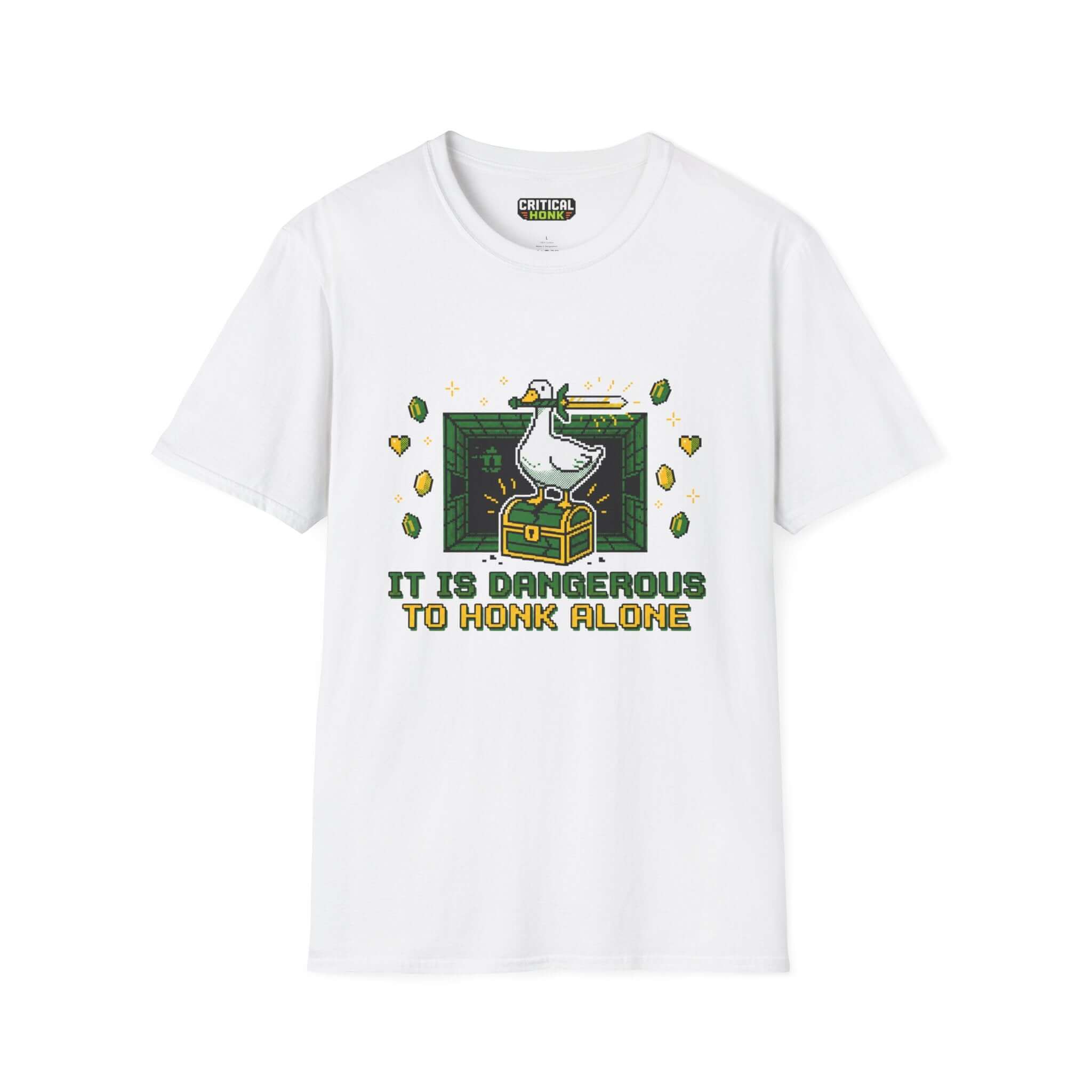 Is dangerous T-Shirt featuring a graphic duck design on a white Gildan Softstyle shirt from the Critical Honk Collection.
