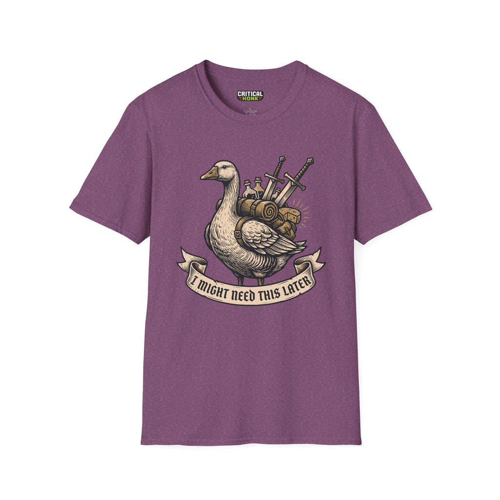 I might need this later T-Shirt in heather maroon featuring a duck graphic with supplies, from Critical Honk Collection.