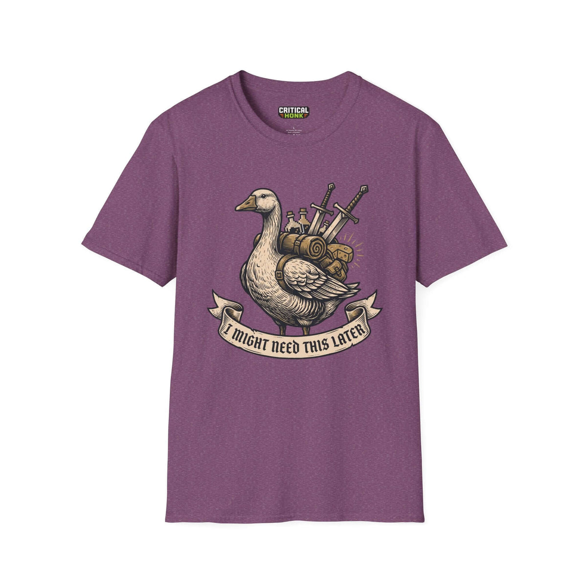 I might need this later T-Shirt in heather maroon featuring a duck graphic with supplies, from Critical Honk Collection.