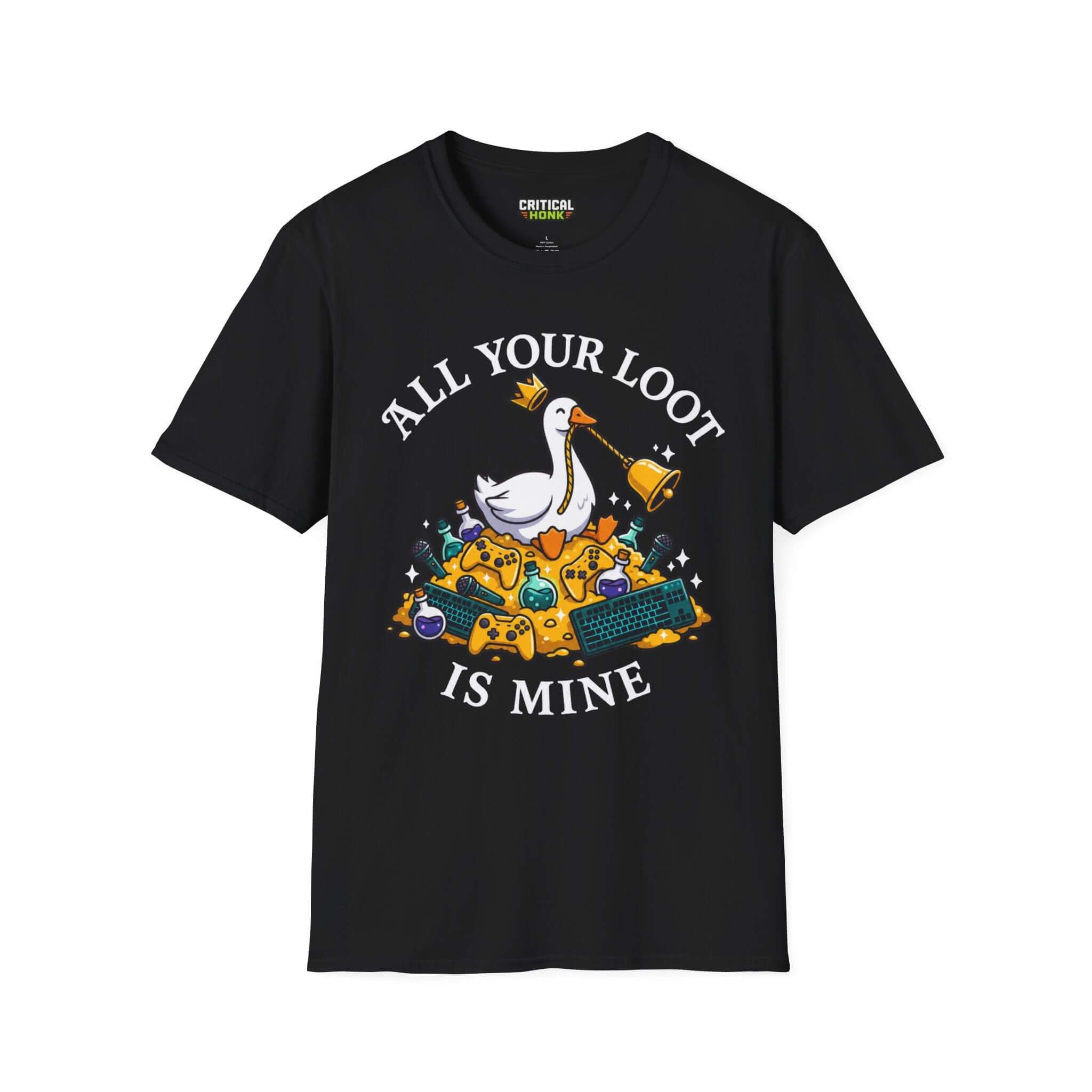 All your loot is mine T-Shirt in black, featuring a playful graphic design with gaming elements.