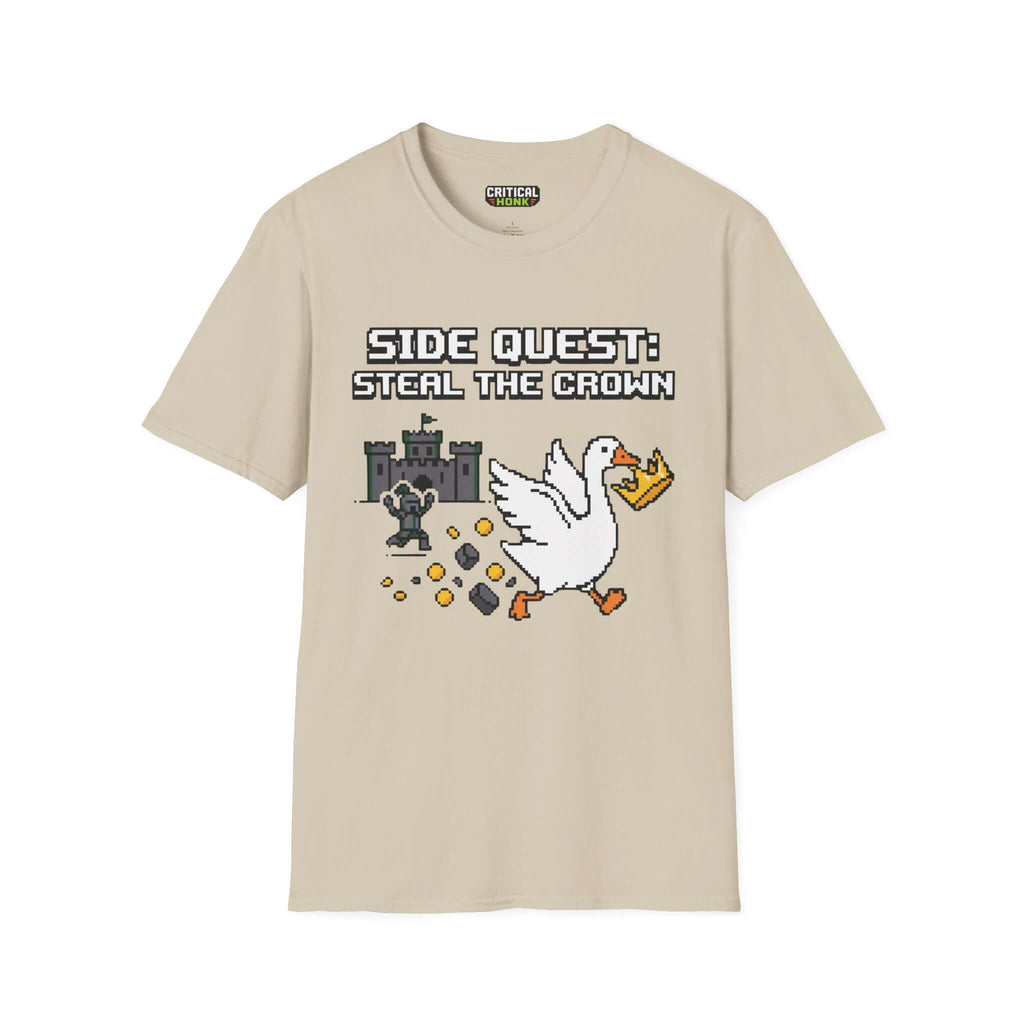 Side Quest T-Shirt in sand color featuring a pixel art design of a goose stealing a crown.