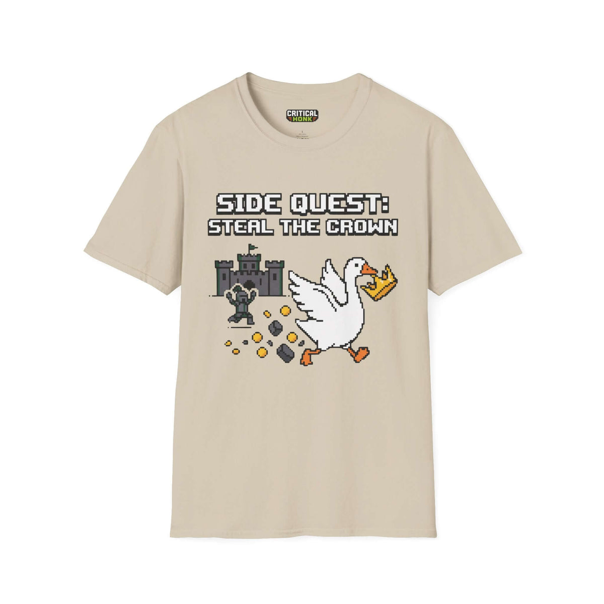 Side Quest T-Shirt in sand color featuring a pixel art design of a goose stealing a crown.