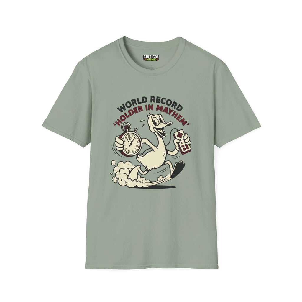 World record T-Shirt in sage color featuring cartoon design with stopwatch and game controller.