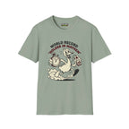 World record T-Shirt in sage color featuring cartoon design with stopwatch and game controller.