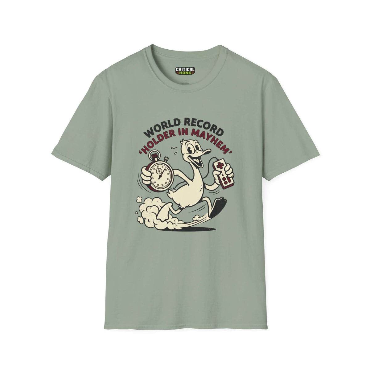 World record T-Shirt in sage color featuring cartoon design with stopwatch and game controller.