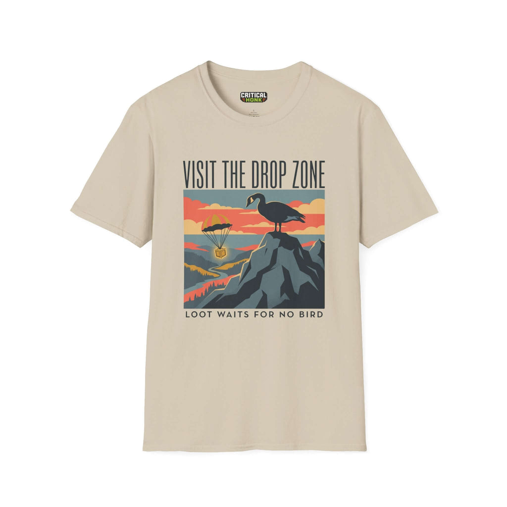 Visit the drop zone T-Shirt in sand color featuring unique graphics, made from 100% ring-spun cotton for a soft fit.
