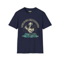 No idea what is happening T-Shirt in navy featuring a whimsical duck graphic with headphones and strategy plans.