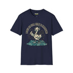 No idea what is happening T-Shirt in navy featuring a whimsical duck graphic with headphones and strategy plans.