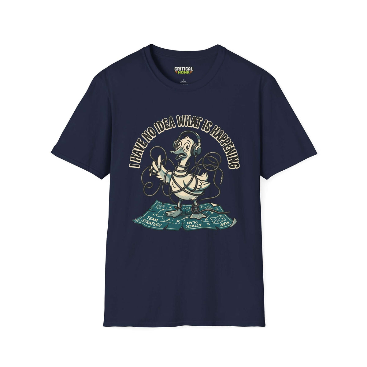 No idea what is happening T-Shirt in navy featuring a whimsical duck graphic with headphones and strategy plans.