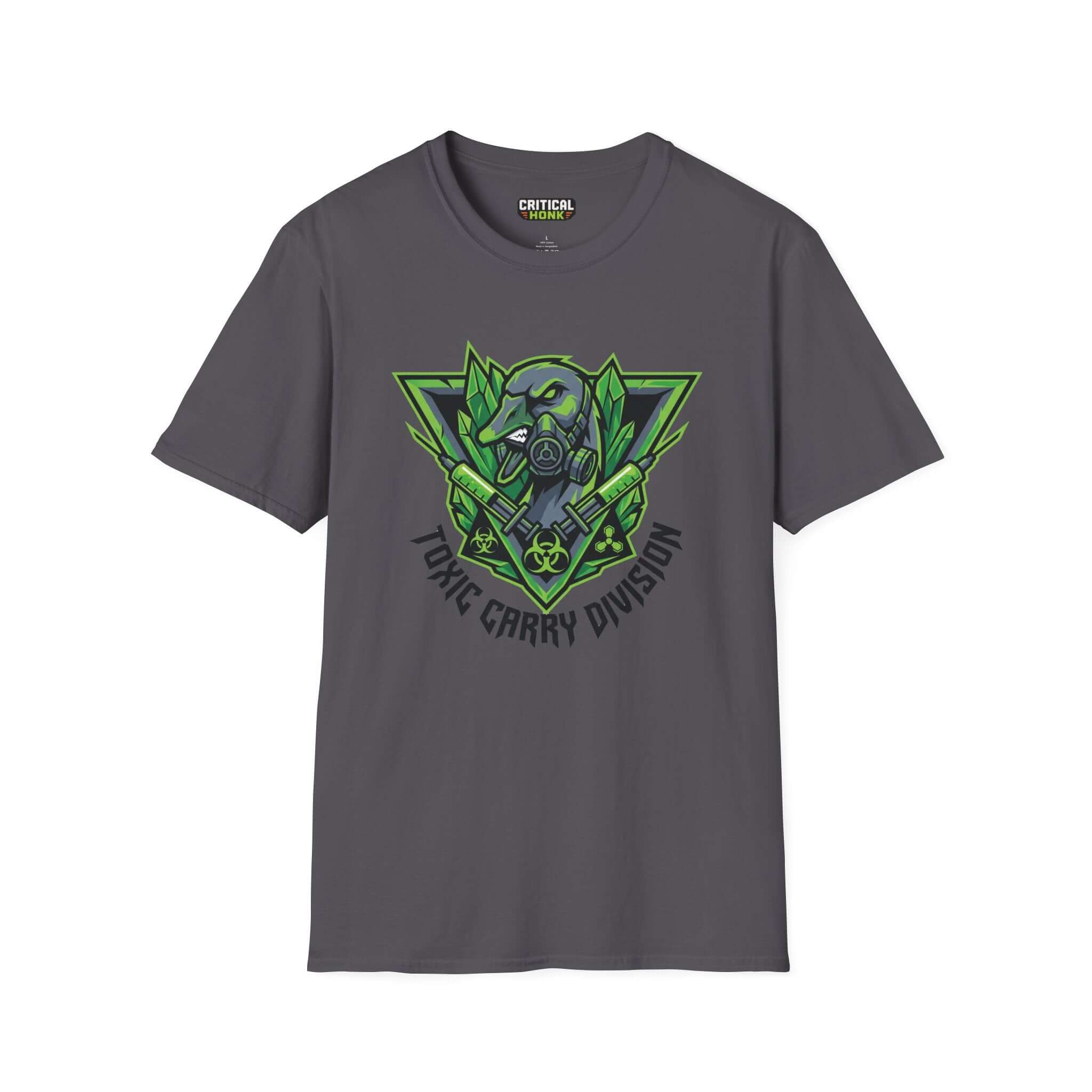 Toxic carry T-Shirt in charcoal color featuring a bold graphic from the Critical Honk collection.