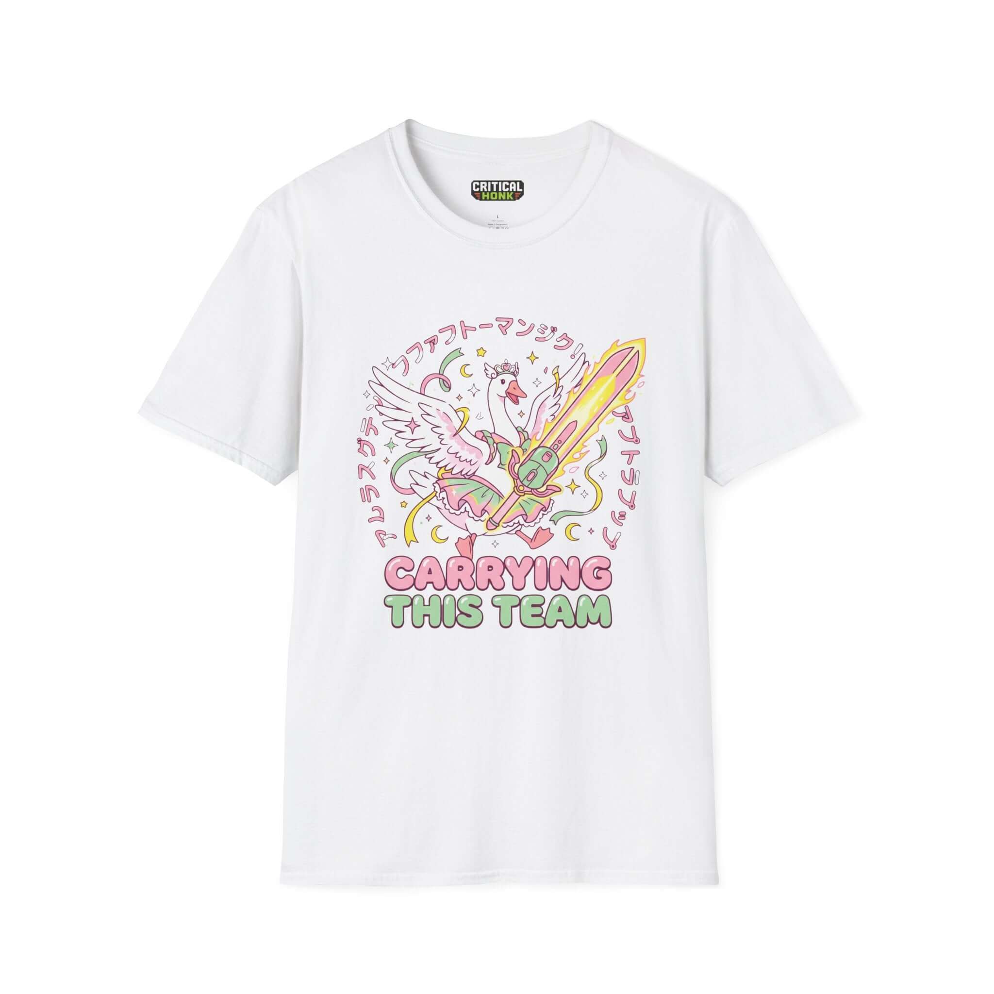 Carriying the team T-Shirt featuring a colorful graphic on a white Gildan Softstyle tee from Chaos Inspired Apparel.