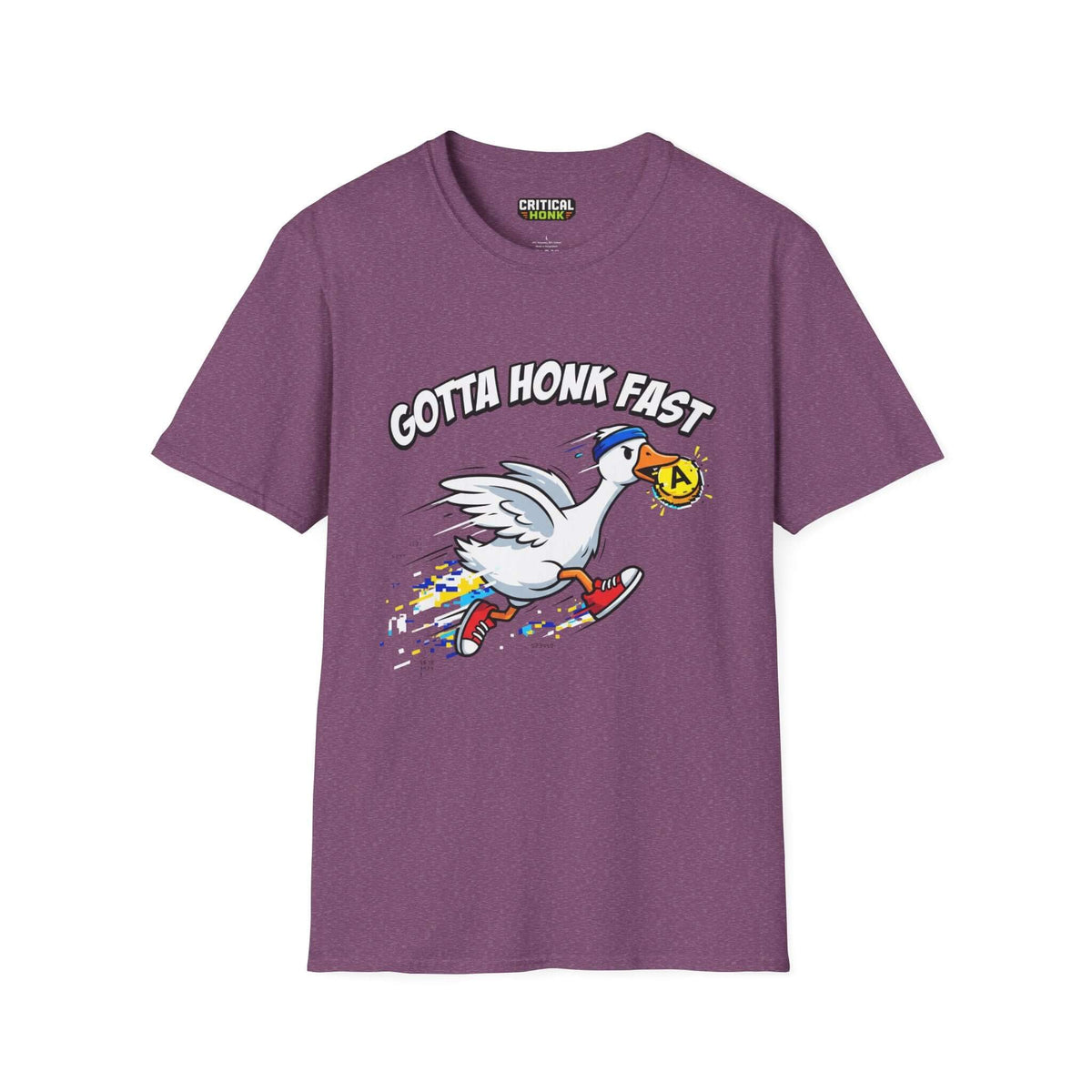 Gotta-honk-fast T-Shirt in Heather Maroon featuring a graphic of a goose running, part of the Critical Honk Collection.