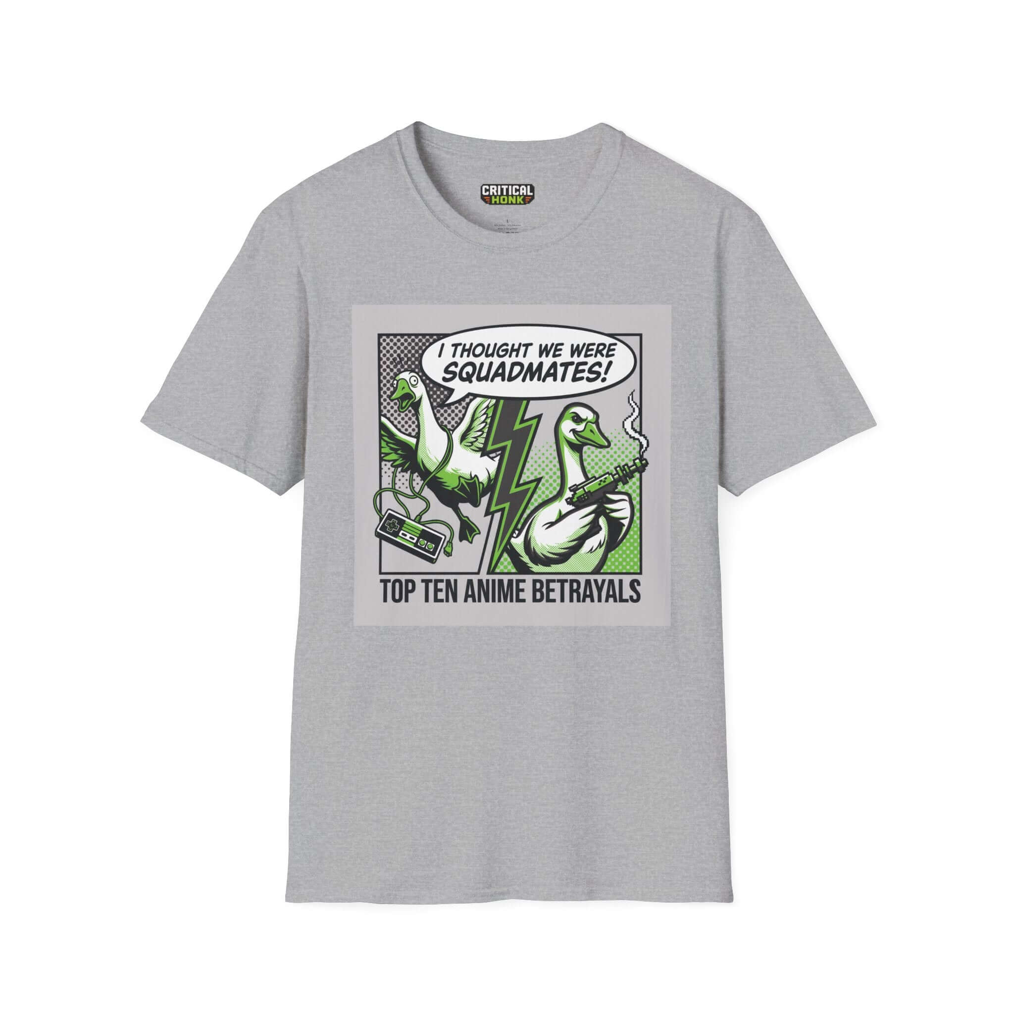 Anime betrayals T-Shirt in Sport Grey featuring humorous artwork of ducks and text 'TOP TEN ANIME BETRAYALS'.