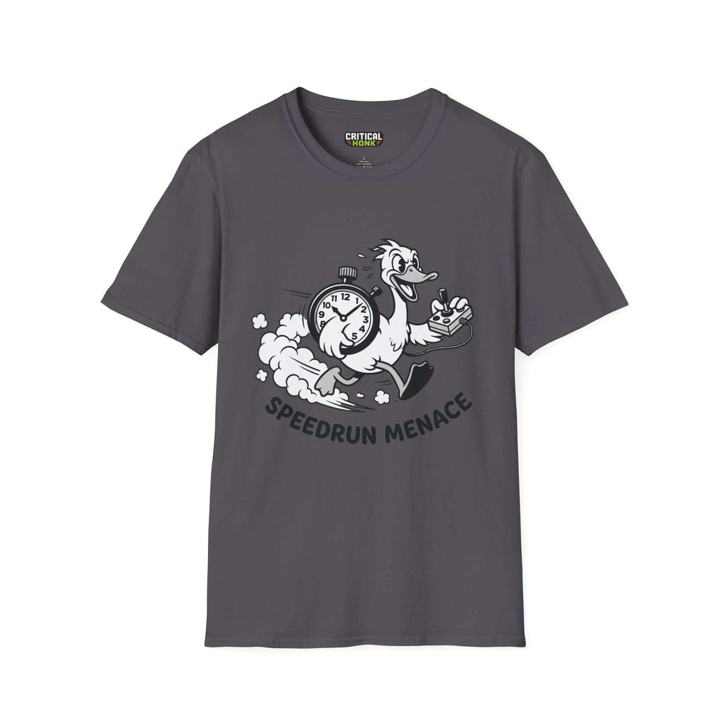Speedrun menace T-Shirt in charcoal featuring a whimsical graphic of a duck with a stopwatch.