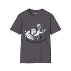 Speedrun menace T-Shirt in charcoal featuring a whimsical graphic of a duck with a stopwatch.