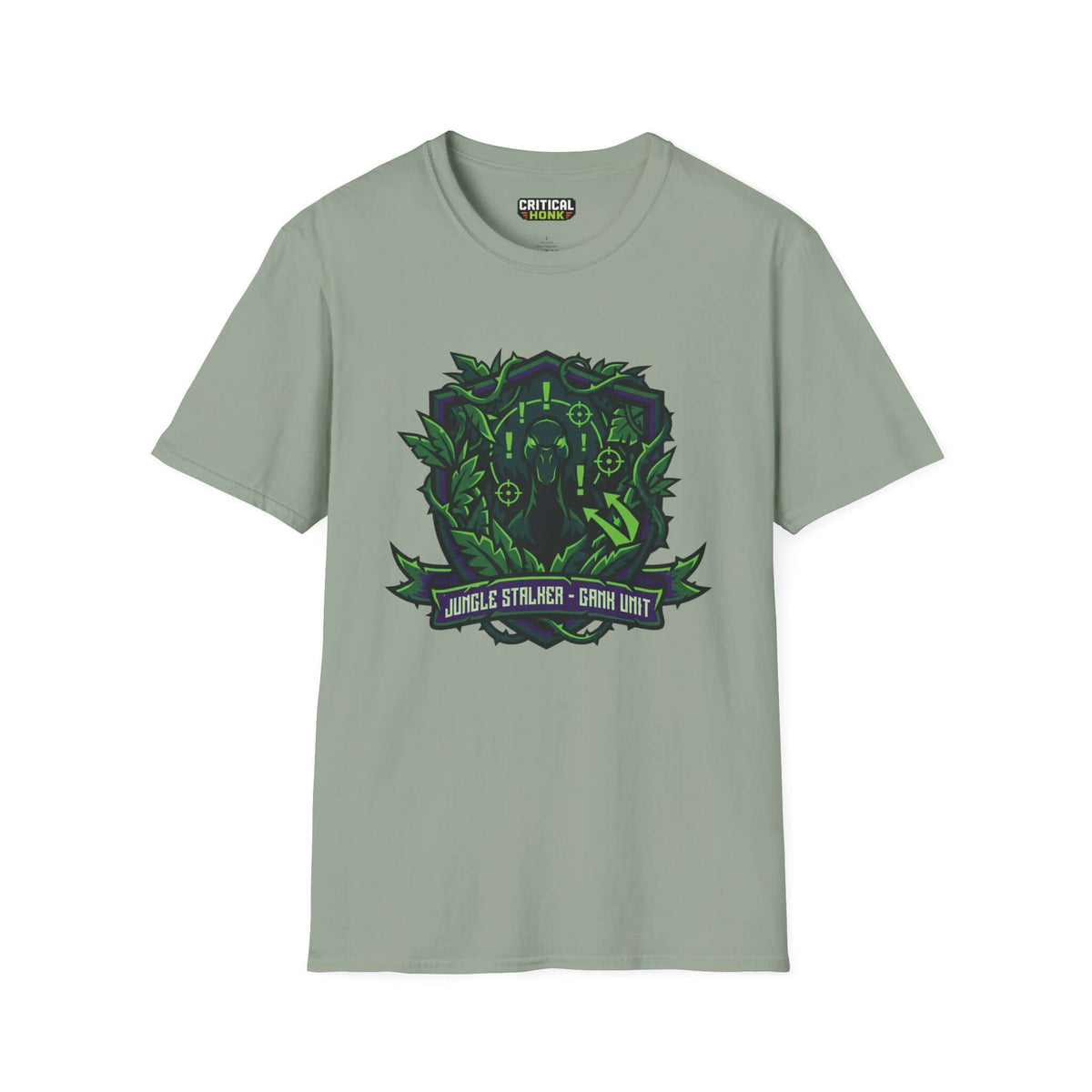 Gank unit T-Shirt in sage color featuring Jungle Stalker design, made from 100% ring-spun cotton for a soft feel.