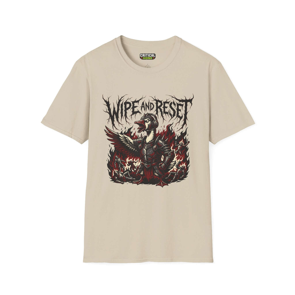Wipe and reset T-Shirt in sand color featuring a unique design with a fierce duck on a light fabric background.