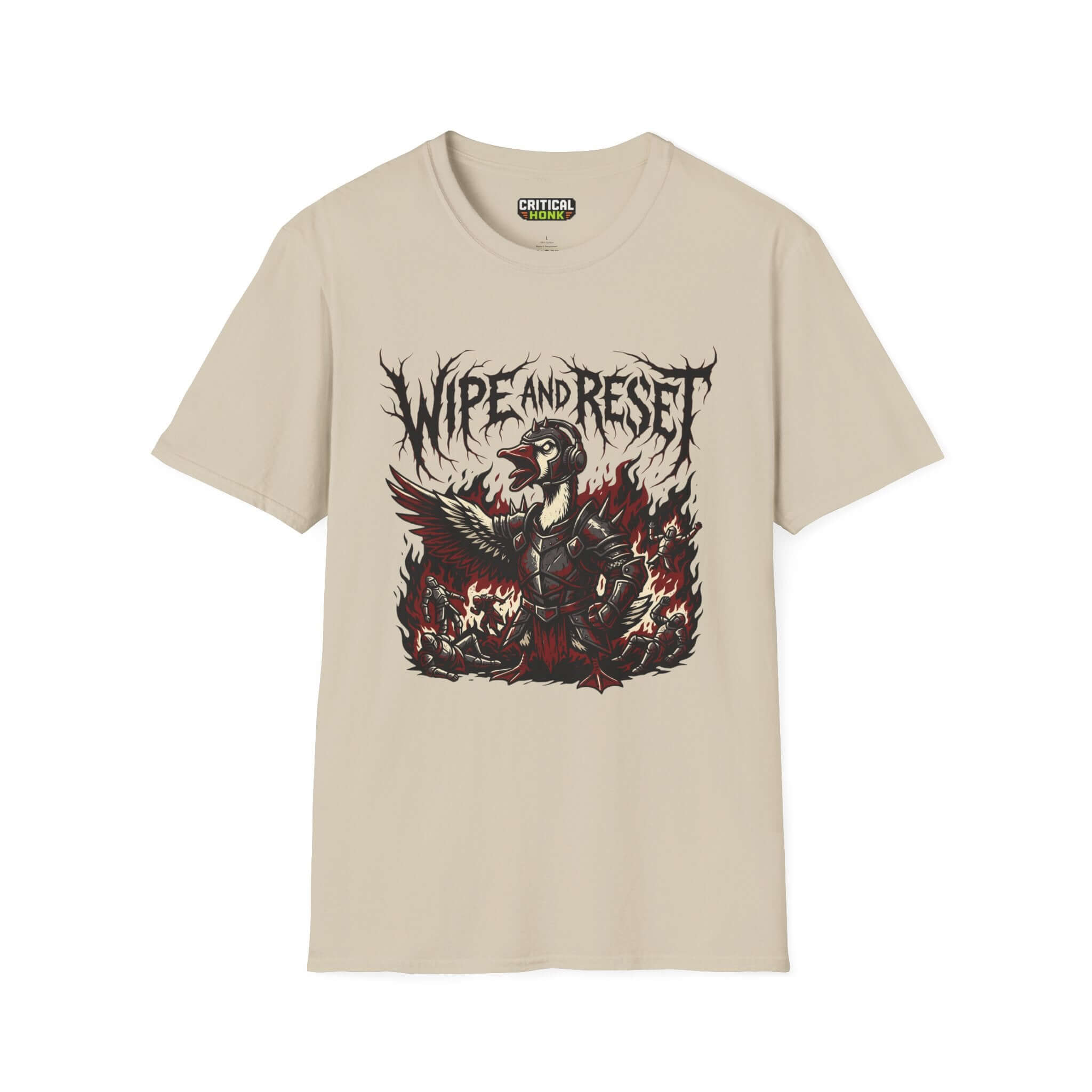 Wipe and reset T-Shirt in sand color featuring a unique design with a fierce duck on a light fabric background.