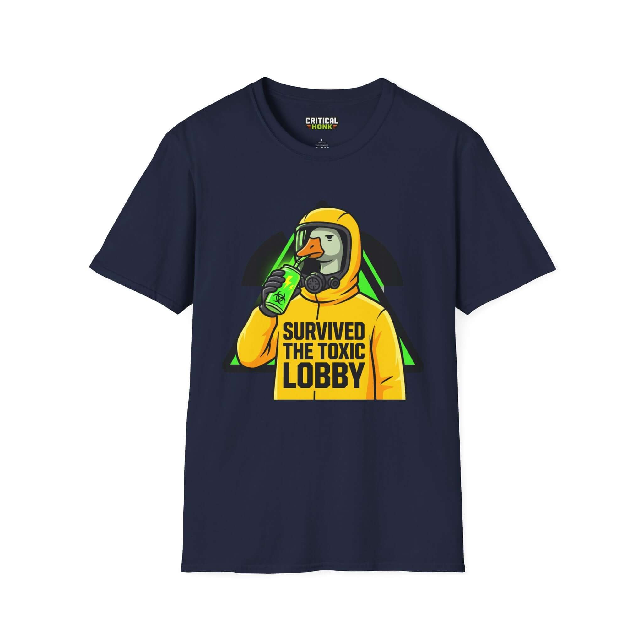 Survived toxic T-Shirt in navy featuring a graphic of a duck in a hazmat suit. Part of the Critical Honk Collection.