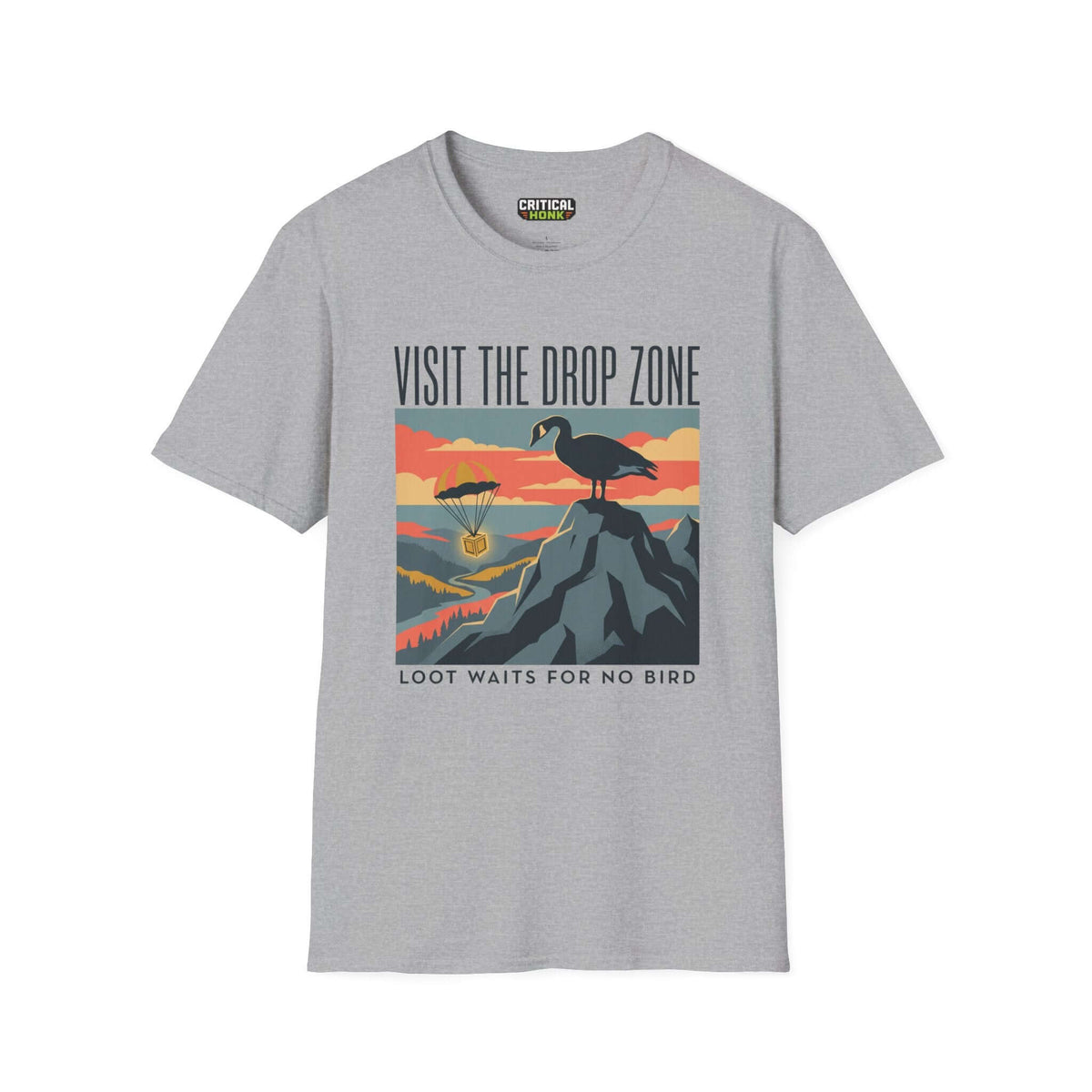 Visit the drop zone T-Shirt in sport grey featuring a graphic design with a crow and parachute. Perfect for gamers!