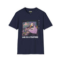 Lag is a feature T-Shirt featuring a gaming goose graphic on a navy Gildan Softstyle 64000 tee.