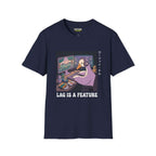 Lag is a feature T-Shirt featuring a gaming goose graphic on a navy Gildan Softstyle 64000 tee.