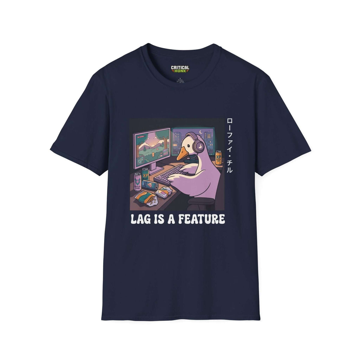 Lag is a feature T-Shirt featuring a gaming goose graphic on a navy Gildan Softstyle 64000 tee.