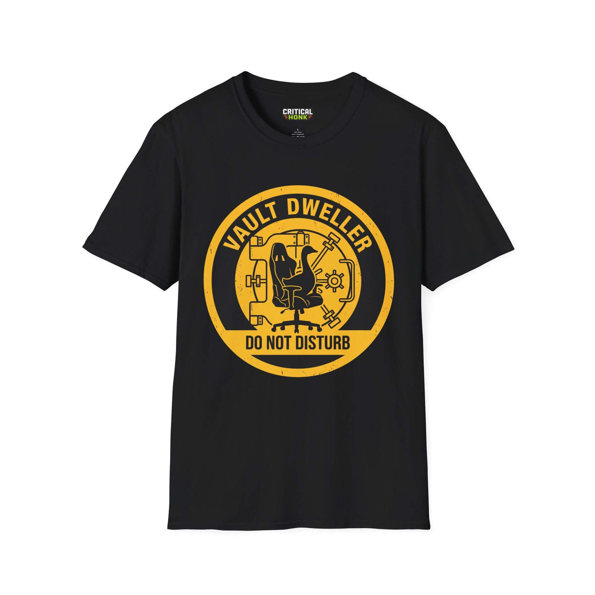 Vault dweller T-Shirt in black featuring a yellow graphic with a chair and text 'DO NOT DISTURB' from Critical Honk.
