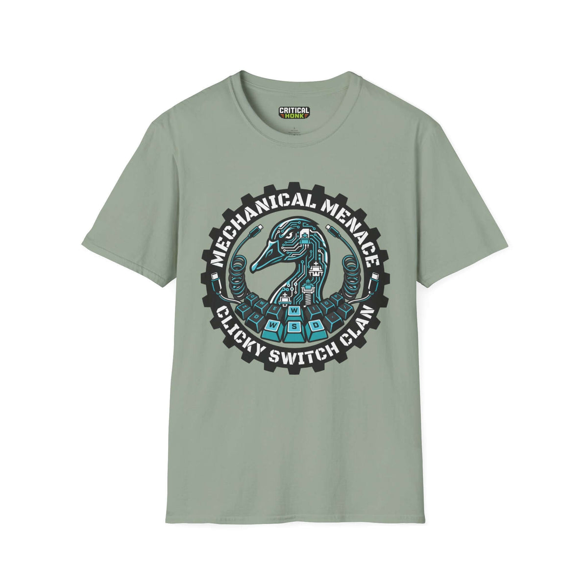 Mechanical menace T-Shirt in sage color with unique graphic design featuring a bird and keyboard elements.