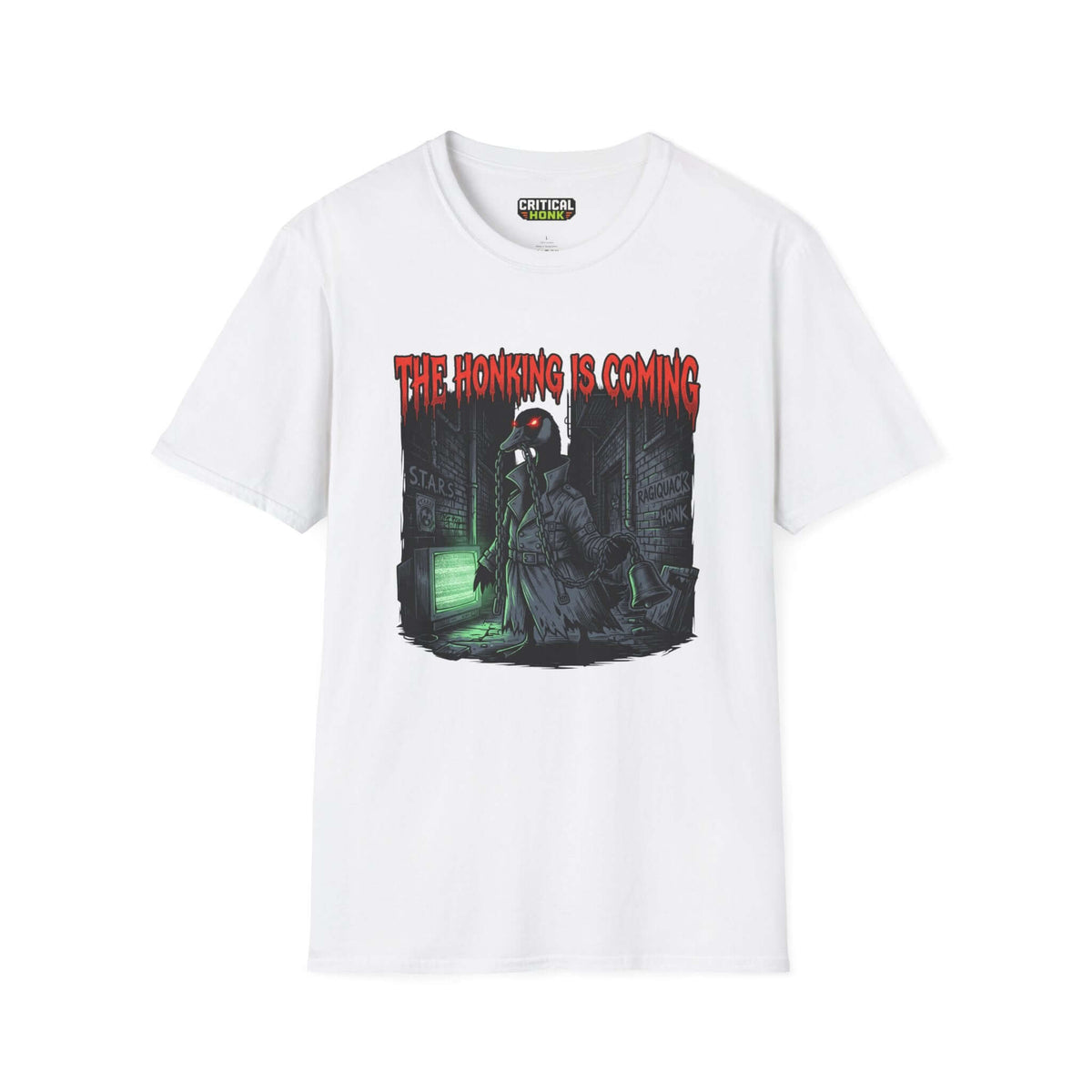 Honking is coming T-Shirt in white, featuring a spooky graphic design from the Critical Honk Collection.