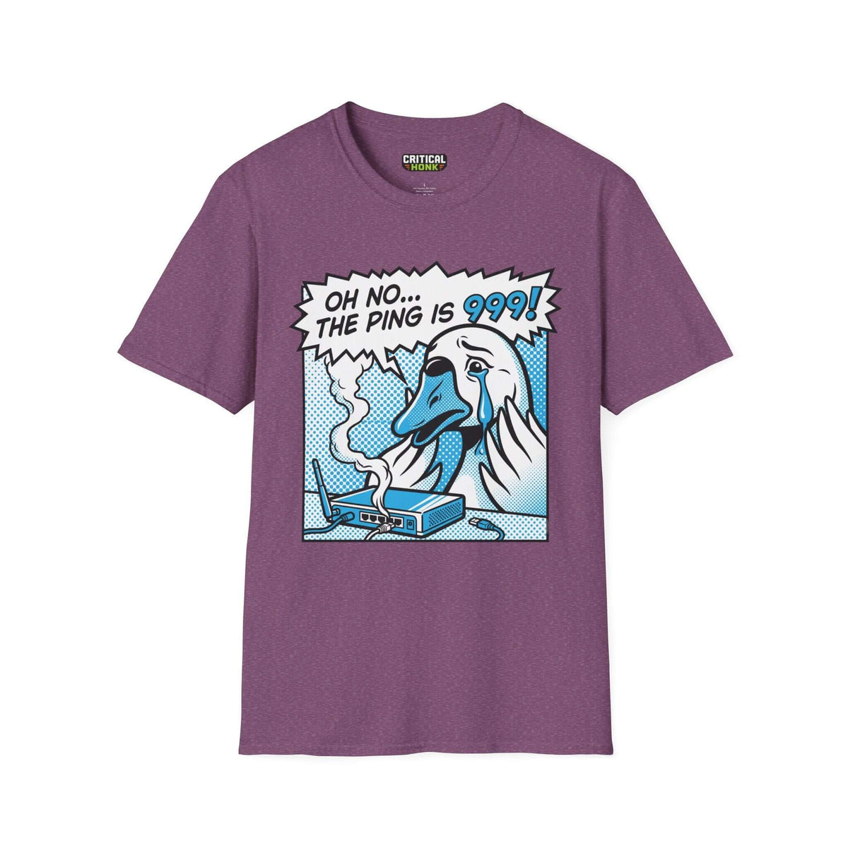 Ping 999 T-Shirt in Heather Maroon with comic design, featuring a distressed bird graphic and text.